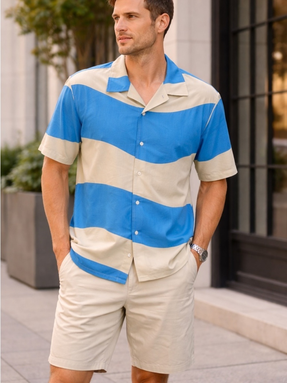 Abound • NWT $50 US Casual Blue & Cream Striped Camp Collar Men’s Shirt